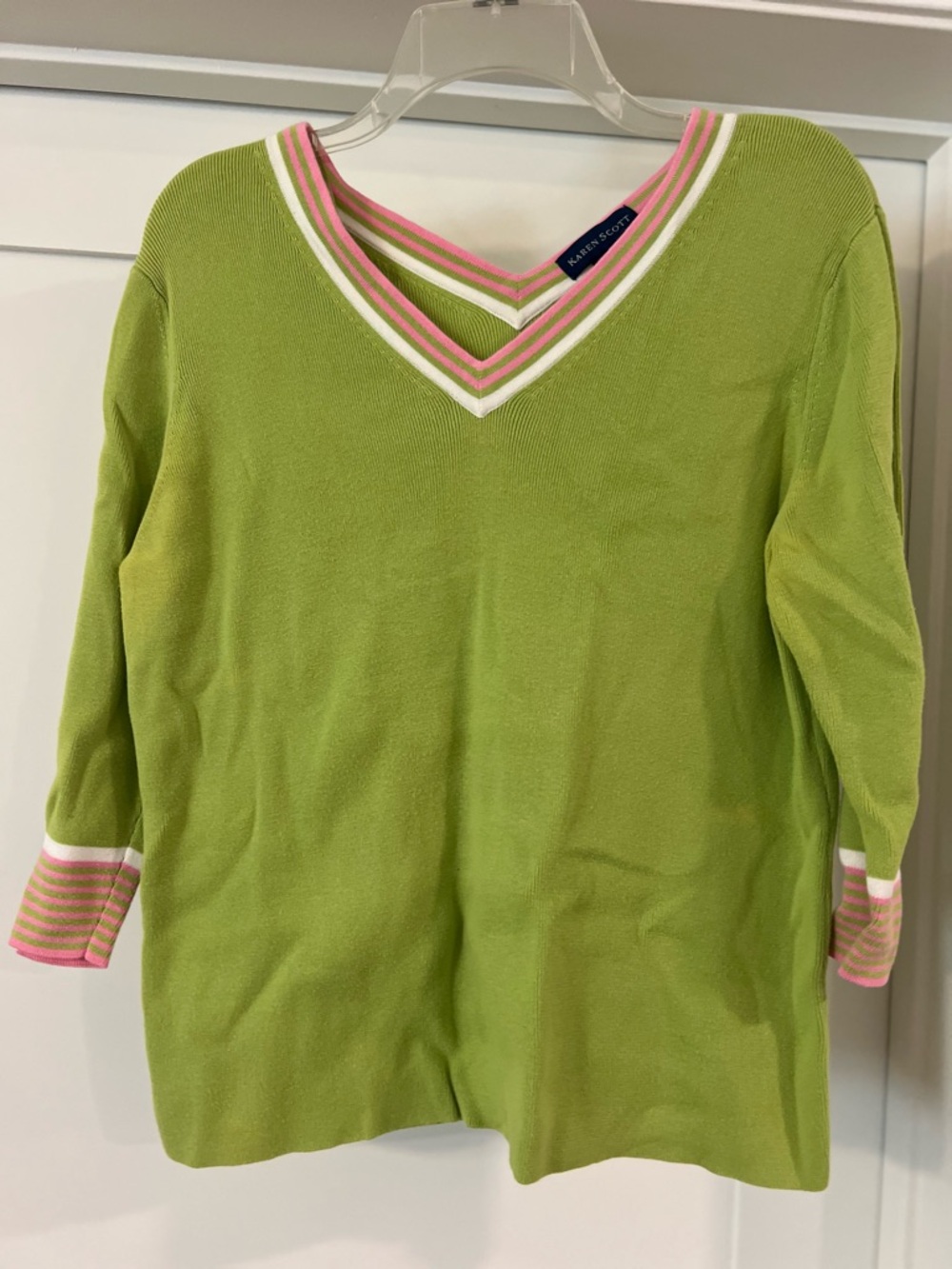 Karen Scott Lime V‑Neck Sweater with Pink & White Trim